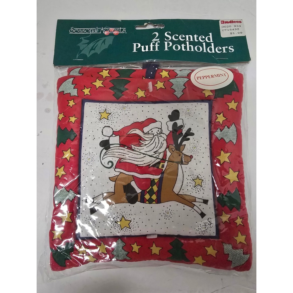 Vintage Seasonal Accents Peppermint Scented Puff Potholders 2 Pack Santa Claus